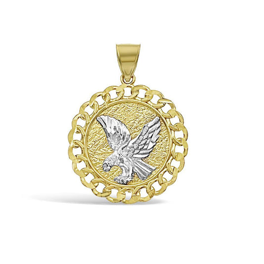 Eagle Pendant Real 10k Two Tone Gold Round Charm 1.2"