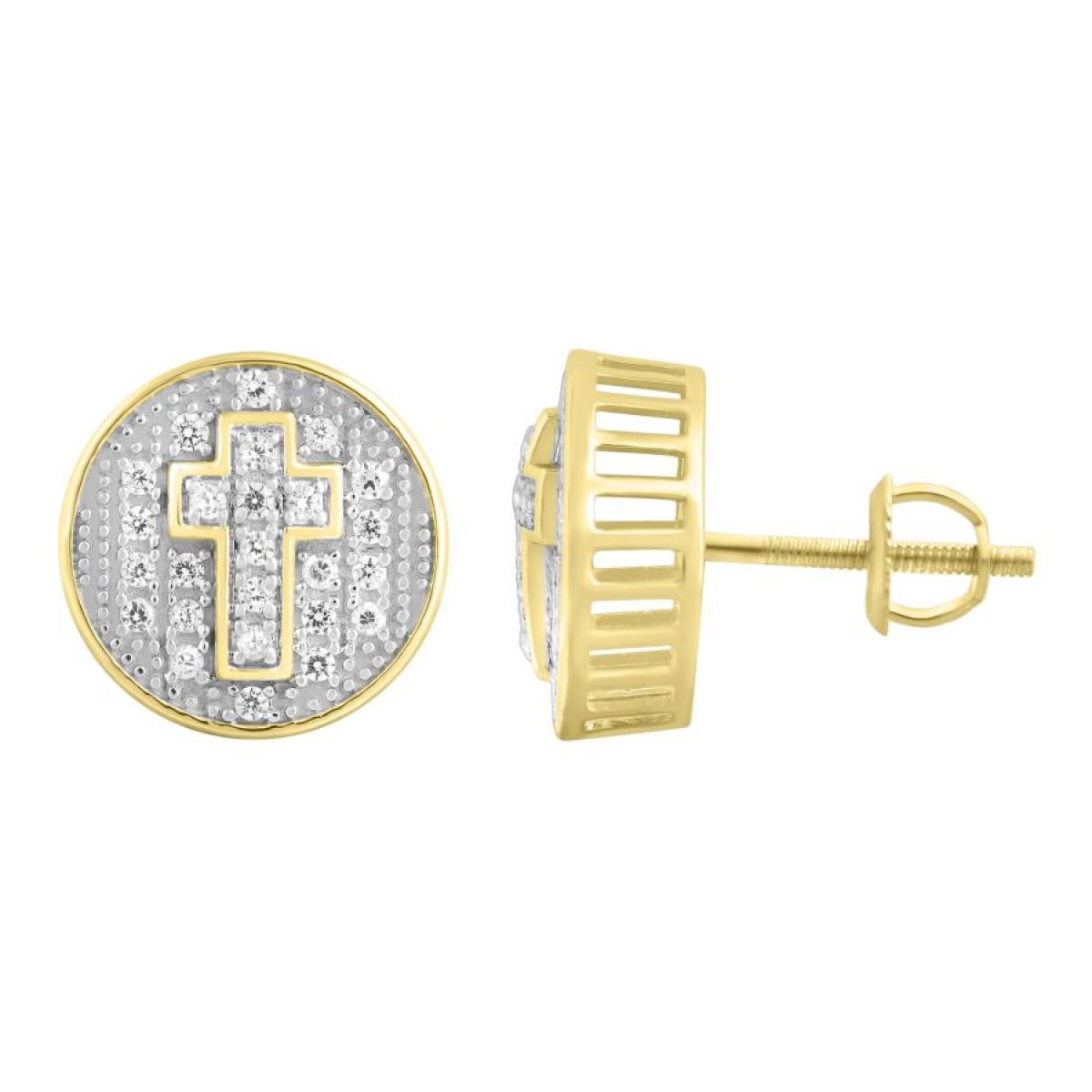 0.25ctw Diamond Cross Round Stud Mens Earrings 10k Yellow Gold Screw Back