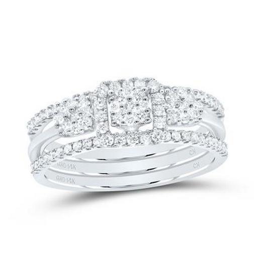 Diamond Square Cluster 3 Ring Bridal Set 14K White Gold 0.62ctw