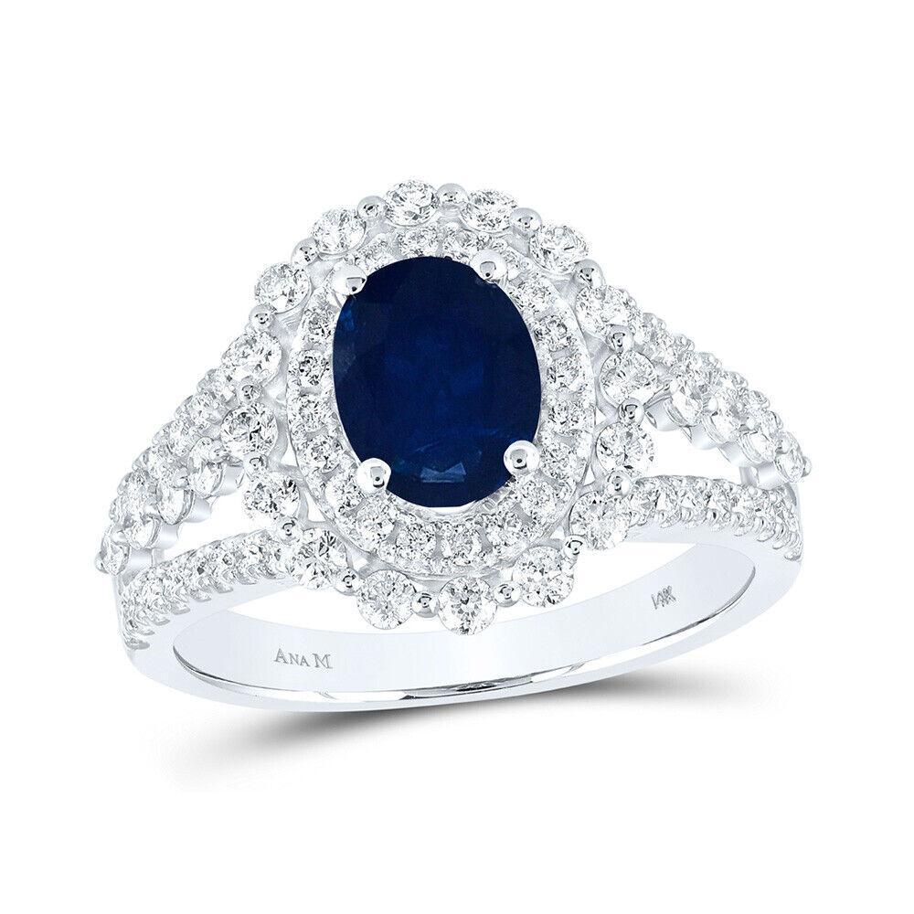 1.44ctw Blue Sapphire 0.92ctw Diamond Halo Ring 14K White Gold
