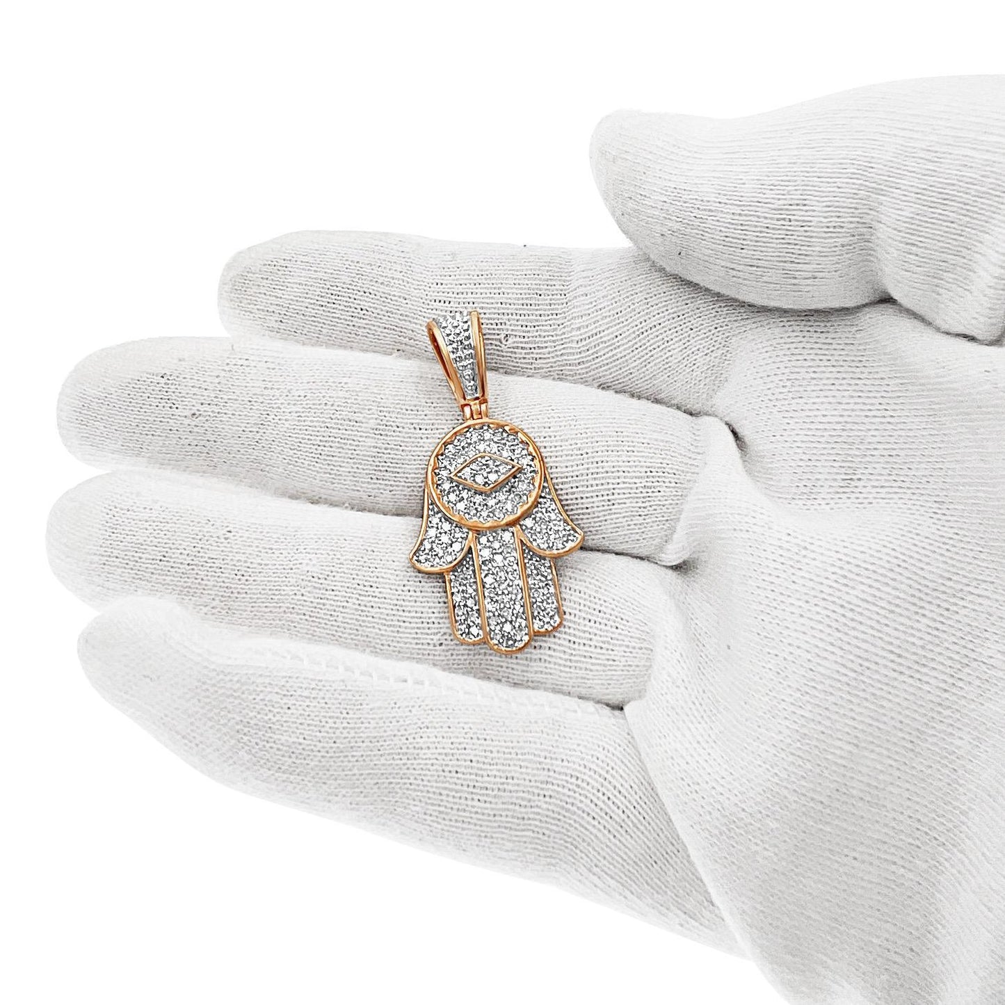 0.75ctw Diamond 10K Rose Gold Hamsa Hand Evil Eye Pendant Protection