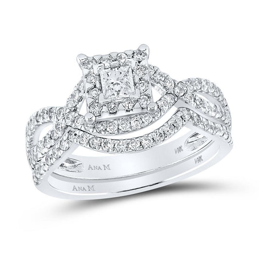 0.75Cttw Princess Diamond Halo Square Shape Wedding Ring Set 14k White Gold Band