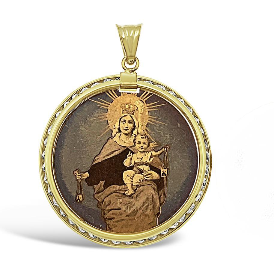 14k Yellow Gold Virgin Mary Baby Jesus Pendant Lady Guadalupe Round Charm 1.6"