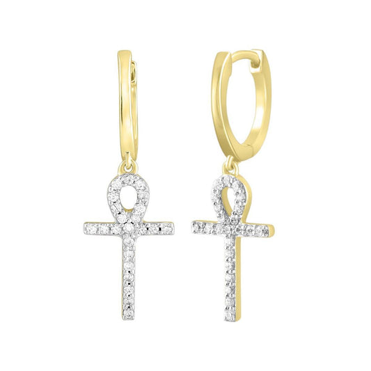 Diamond Egyptian Cross Ankh Hoop Earrings 10k Yellow Gold 0.25cttw