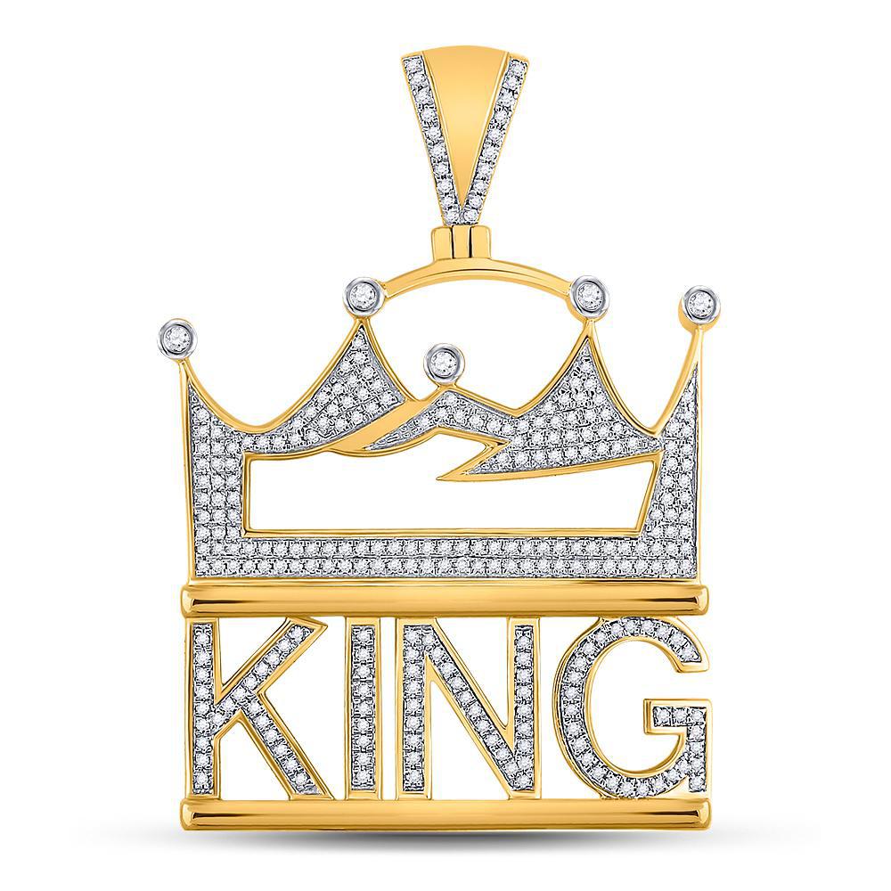 0.86ctw Diamond King Phrase Crown Mens Charm Pendant 10k Yellow Gold