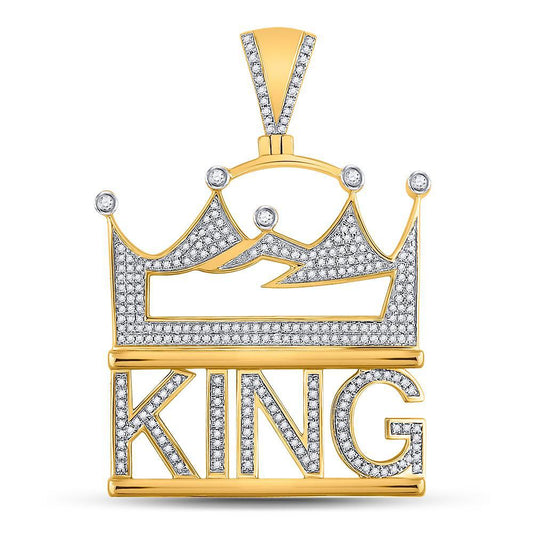 0.86ctw Diamond King Phrase Crown Mens Charm Pendant 10k Yellow Gold