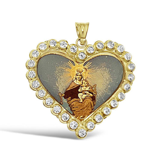 14k Gold Virgin Mary Baby Jesus Pendant Lady Guadalupe Charm Heart 1.2"