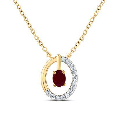 Diamond & Ruby Oval Natural Gem Necklace 14k Yellow Gold