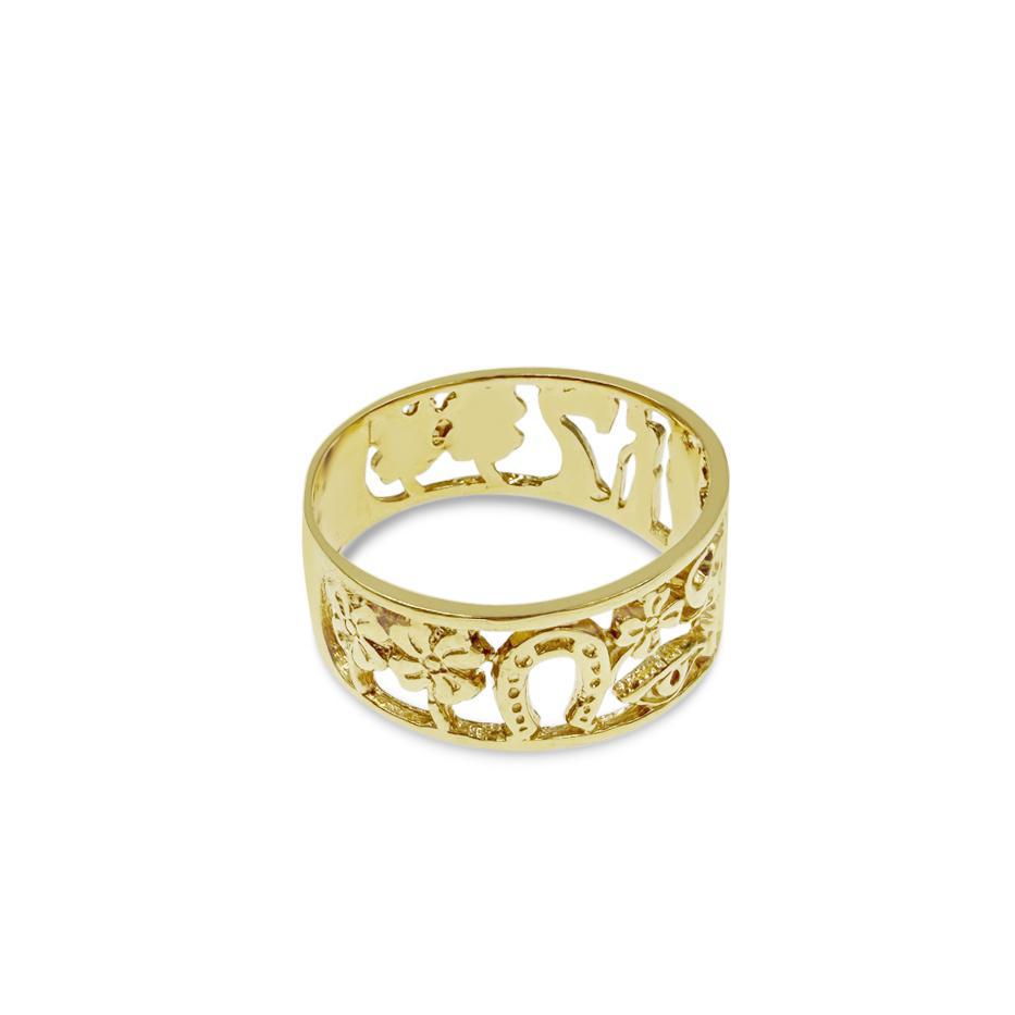 14K Yellow Gold Good Luck Band Ring Elephant Owl Cut out