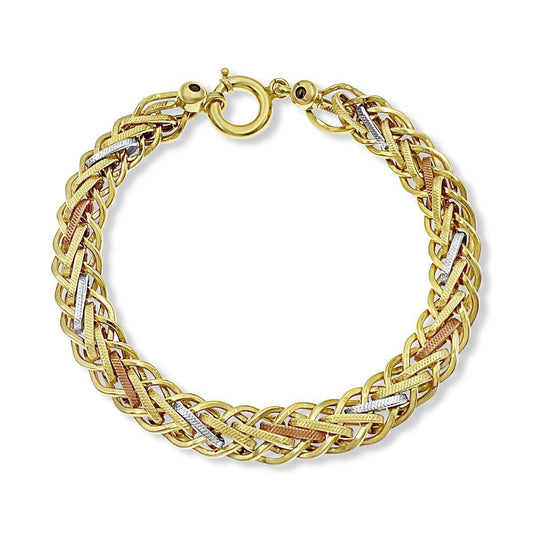 14k Tri Color Gold Wheat Polished and Textured Link Bracelet 8mm 8 inch