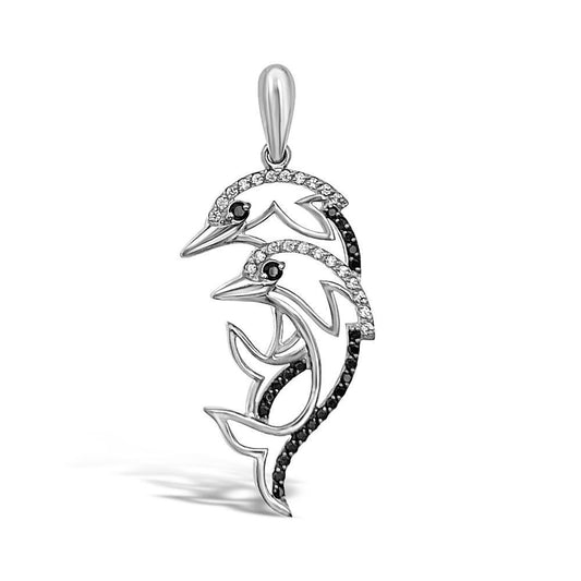 14k White Gold Two Dolphin Pendant Charm 1.5"