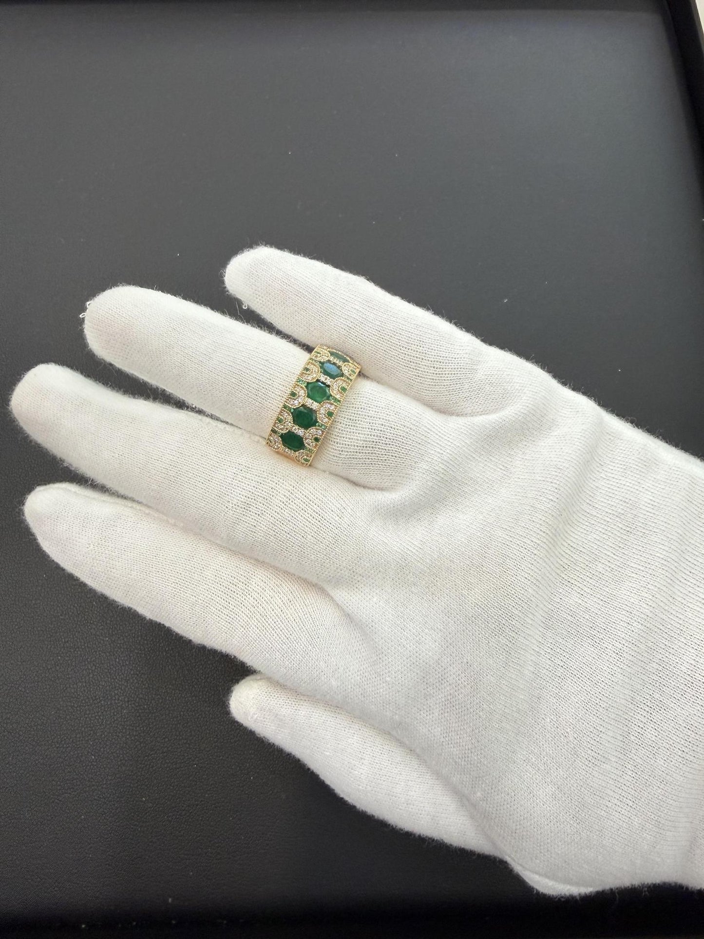 14K Yellow Gold Emerald & Diamond Wide Band Ring