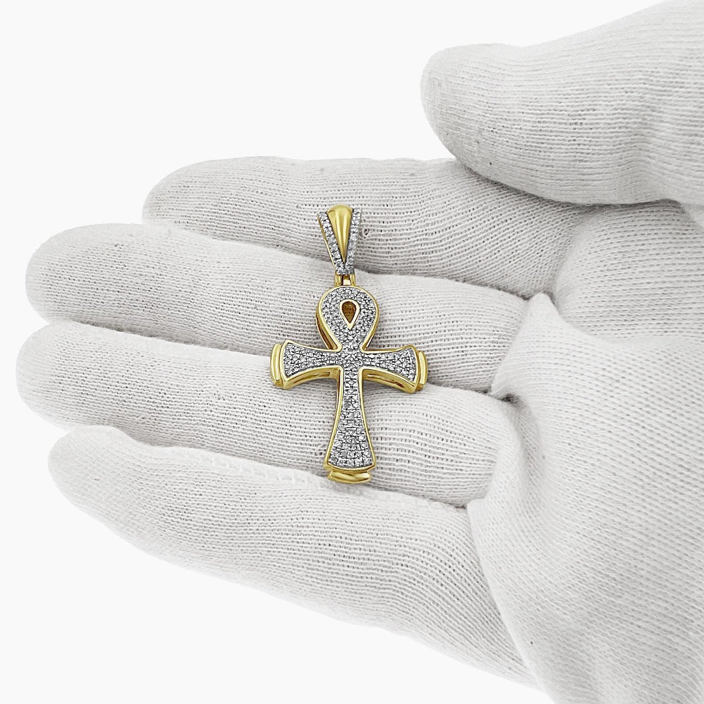 Diamond Egyptian Cross Ankh Pendant 10k Yellow Gold Mens Charm 1/3cttw