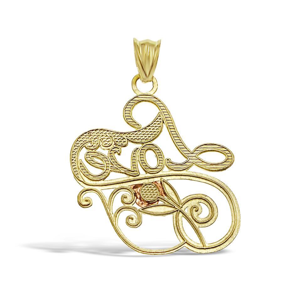 10k Yellow Gold Love Pendant with Rose Flower Design Script Letter