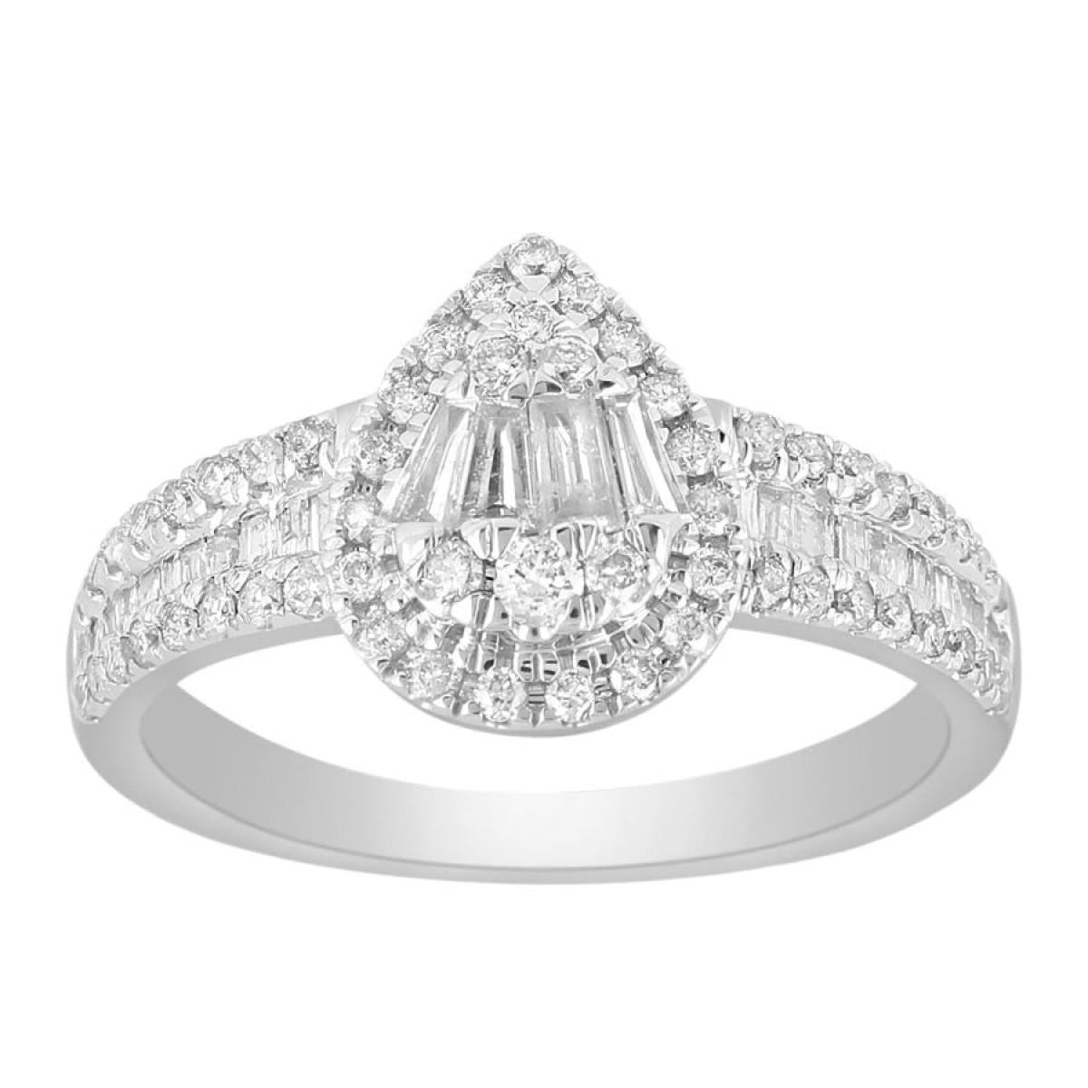 0.75 Ctw Baguette Diamond Pear Shape Bridal Engagement Ring 10k White Gold