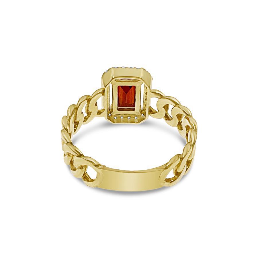 14K Yellow Gold Red Emerald Cut Halo Cuban Link Ring