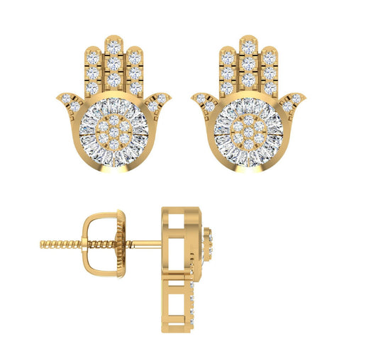 0.40cttw Baguette Round Diamond Hamsa Stud Earrings 10k Yellow Gold Screw Back