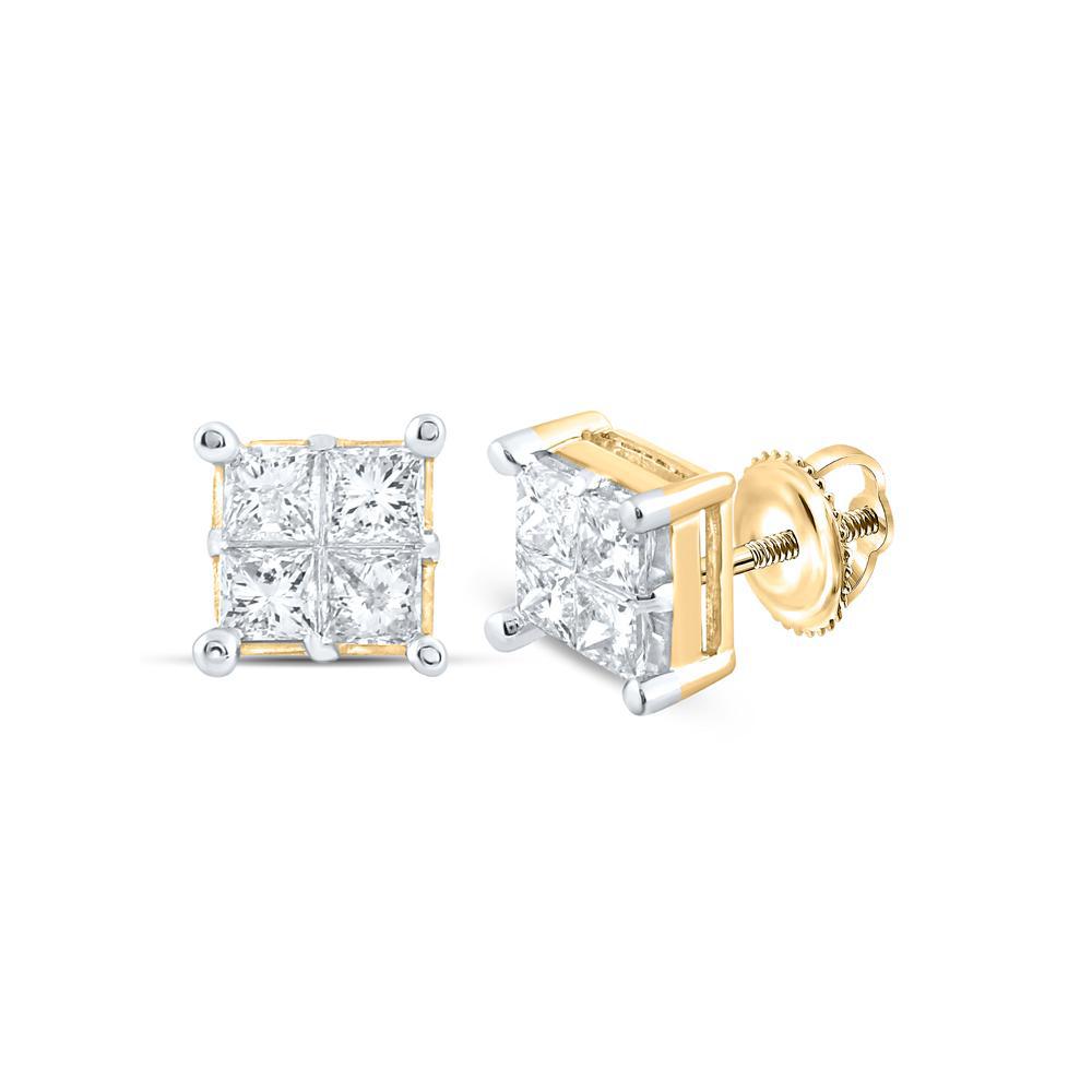 1.0ctw Princess Diamond Square Cluster Stud Earrings 14k Yellow Gold