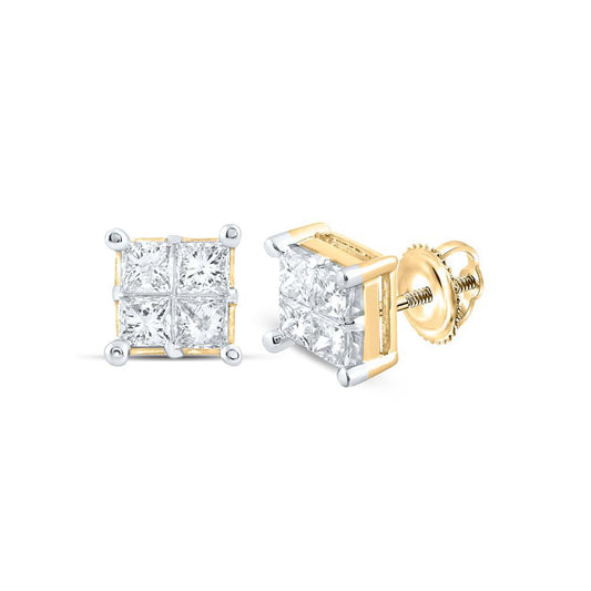 1.0ctw Princess Diamond Square Cluster Stud Earrings 14k Yellow Gold