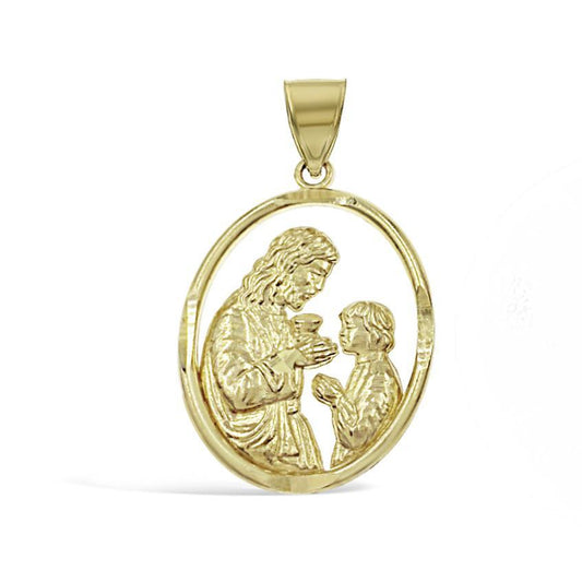 14k Gold Jesus Giving Communion Pendant Oval Religious Charm 1.1 inch