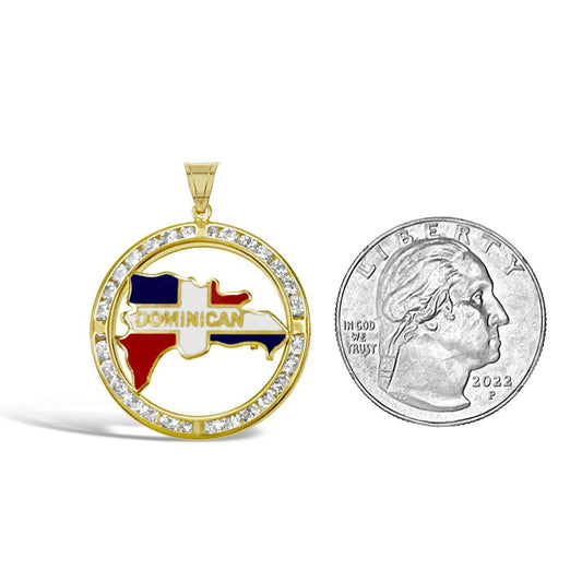 Dominican Flag Enamel Pendant 10k Yellow Gold CZ Charm 1.2"