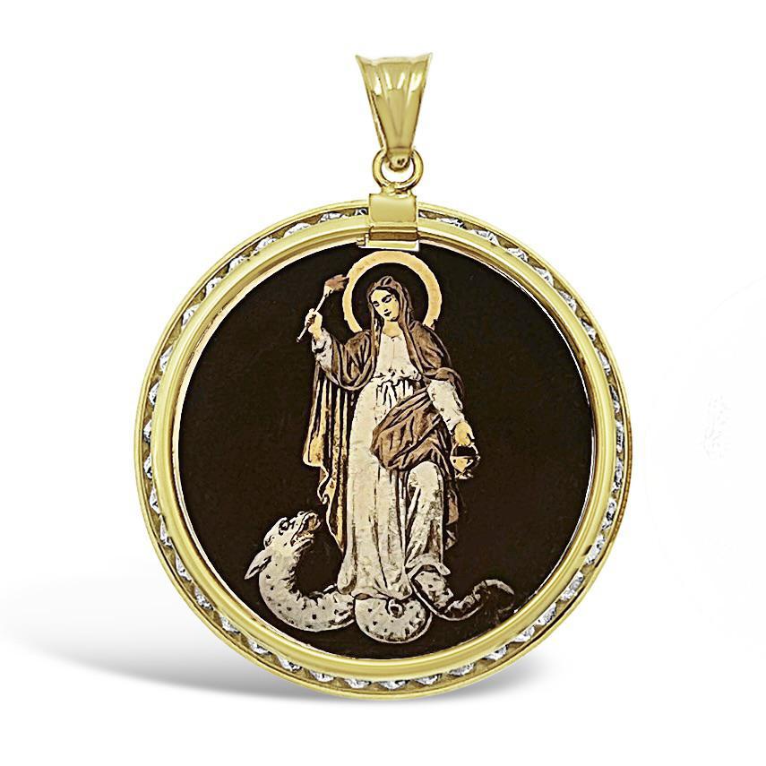 14k Gold Virgin Mary Lady Guadalupe Serpent Snake Pendant Round Charm 1.6 inch