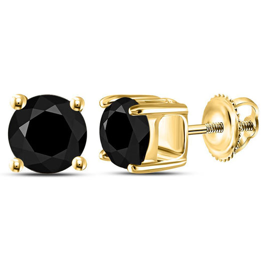2ctw Round Black Diamond Solitaire Stud Earrings 10k Yellow Gold Mens