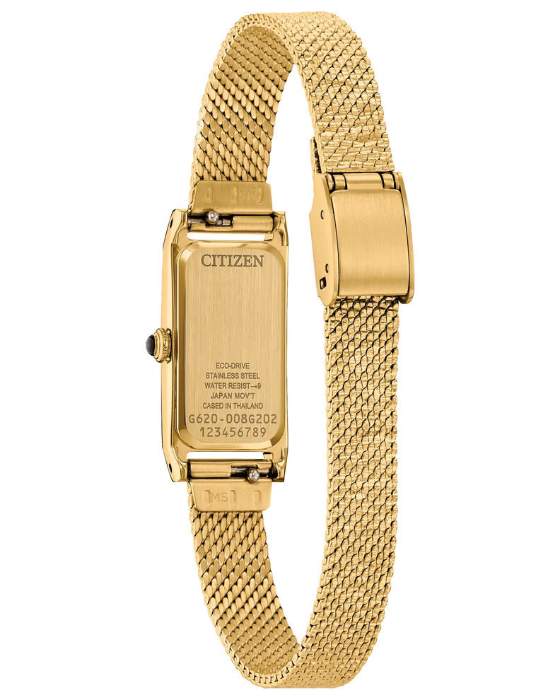 Citizen Fio Eco-Drive Rectangle Gold Tone Black Dial Womens Watch EG7128-59E