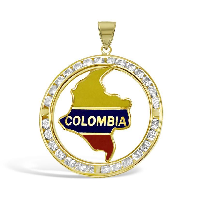 14K Yellow Gold Colombia Flag Enamel CZ Pendant Charm 1.2"