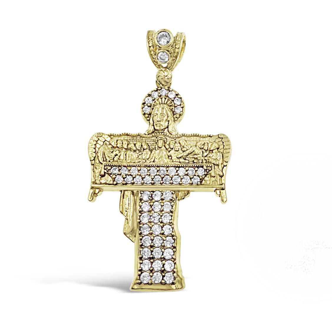 Last Supper Jesus Cross Pendant 10K Yellow Gold CZ Religious Charm 1.9 inch