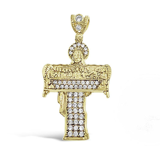 Last Supper Jesus Cross Pendant 10K Yellow Gold CZ Religious Charm 1.9 inch