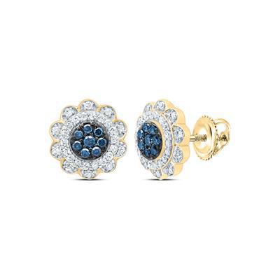 Blue Diamond Flower Stud Earrings 10k Yellow Gold Screw Back