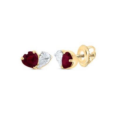 Natural Ruby & Diamond Heart Stud Earrings 14K Yellow Gold