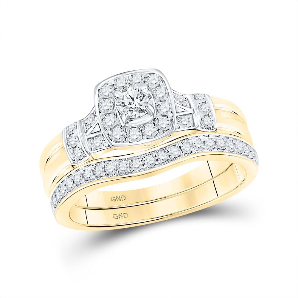 Diamond Halo Engagement Ring Bridal Set 14K Yellow Gold