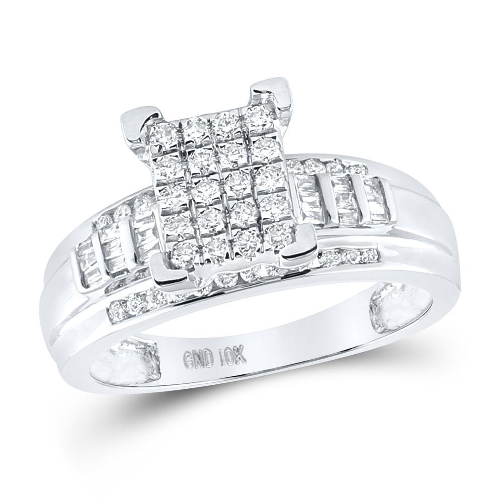 0.50Cttw Baguette Round Diamond Square Cluster Engagement Ring 10k White Gold