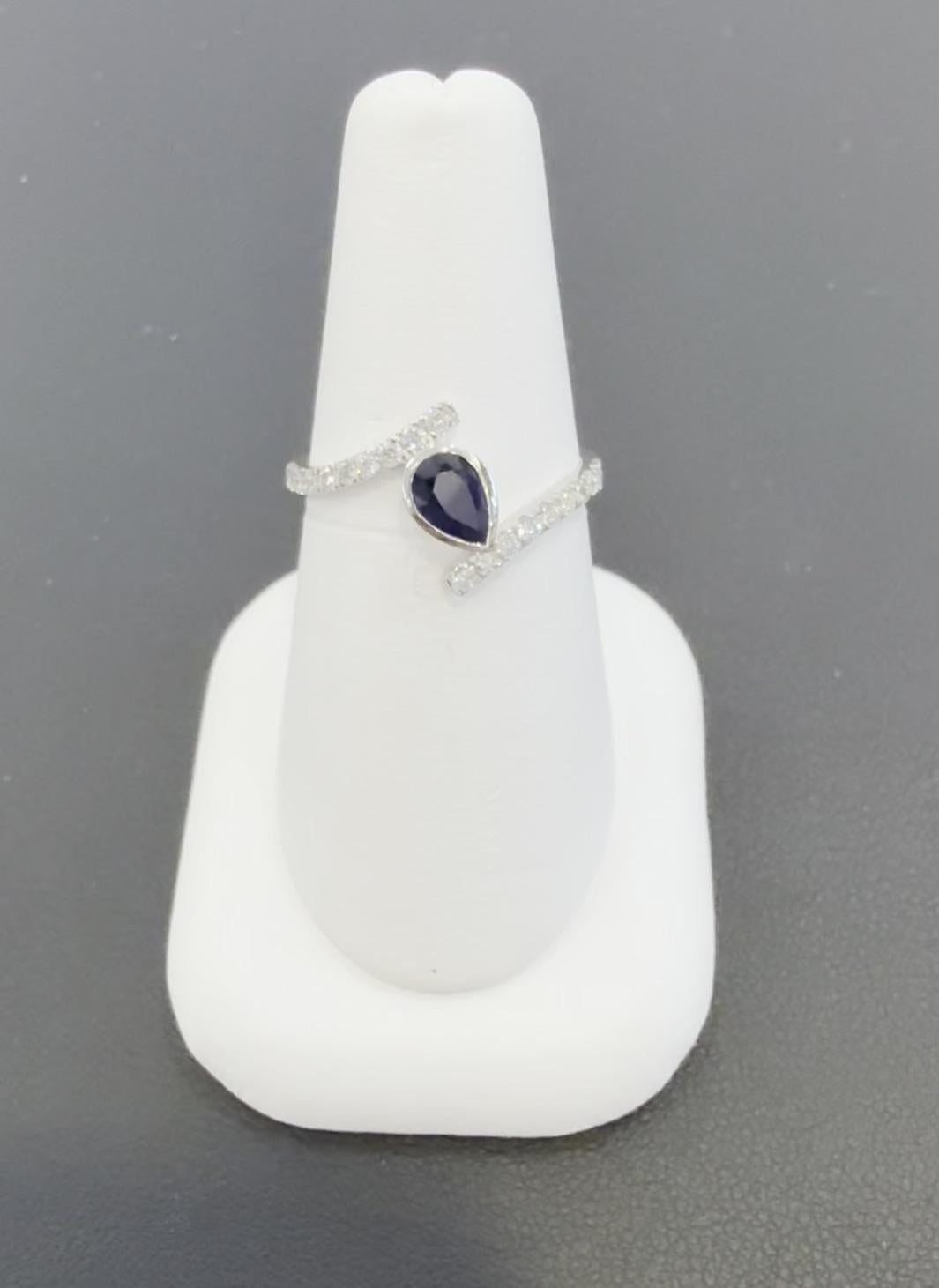 Natural Blue Sapphire & Diamond Bypass Ring 14K White Gold