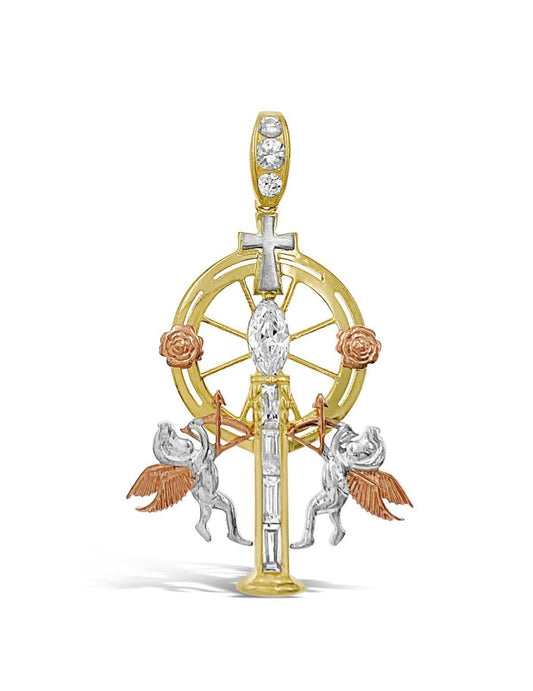 Cross Angel Pendant 10k Tri Color Gold Charm 2.2"