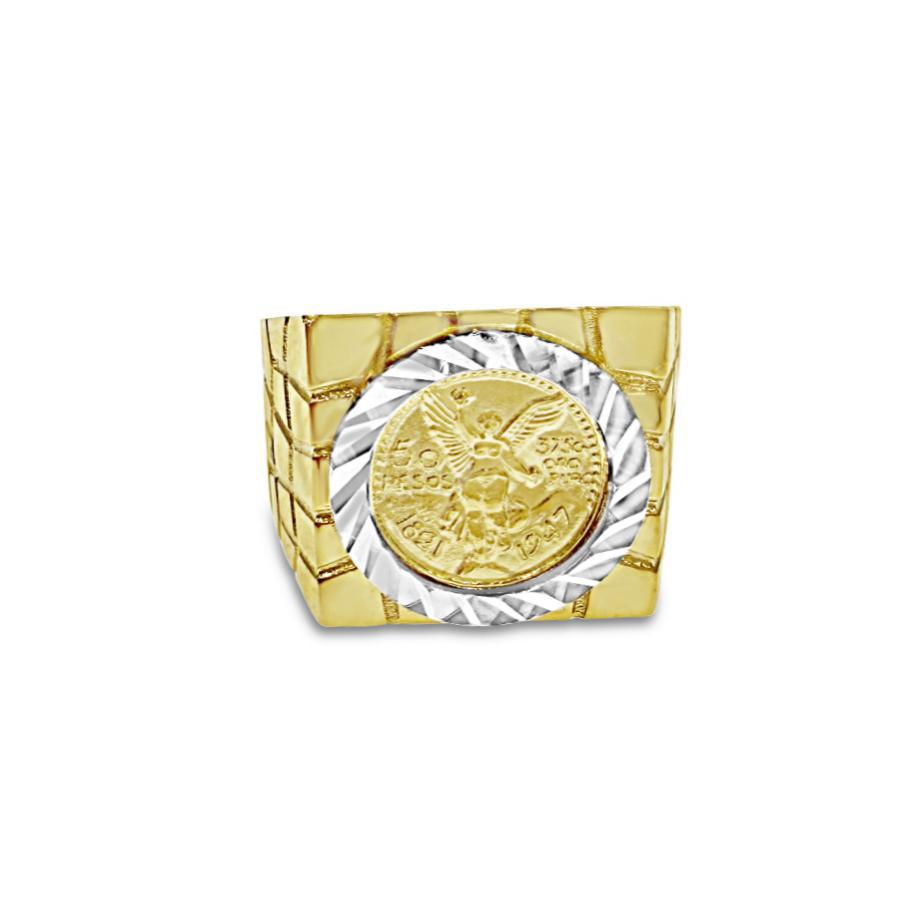 14K Gold Mexican Centenario 50 Peso Coin Ring Mens Nugget Band Signet
