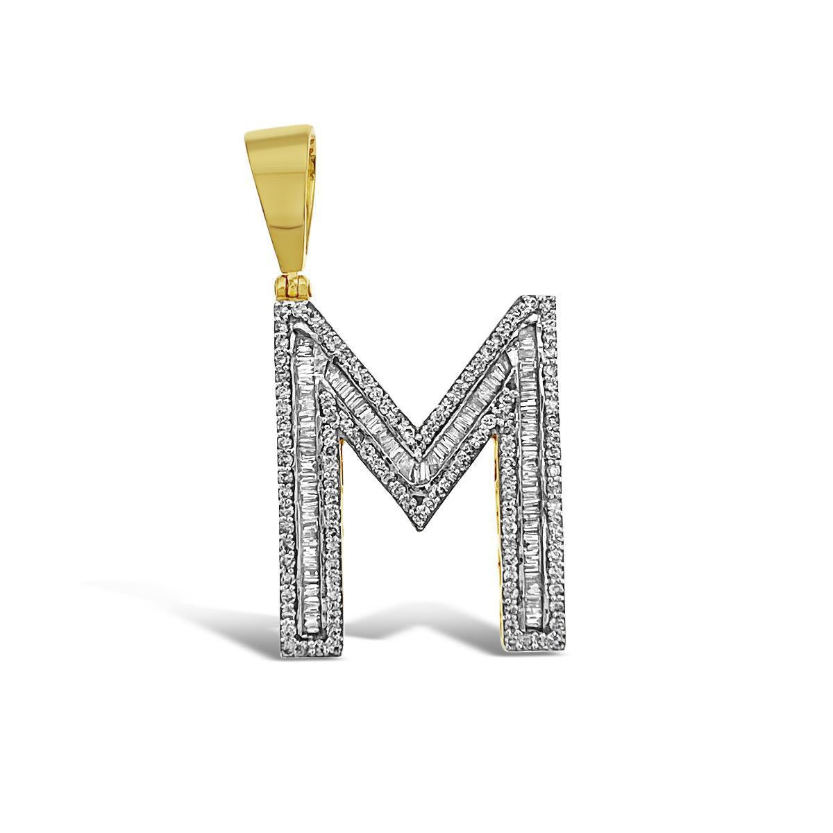 10kt Yellow Gold Baguette Round Diamond M Initial Letter Pendant 1.50 Cttw