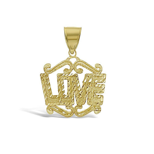 10k Yellow Gold Love Pendant Diamond Cut Charm 1.2"