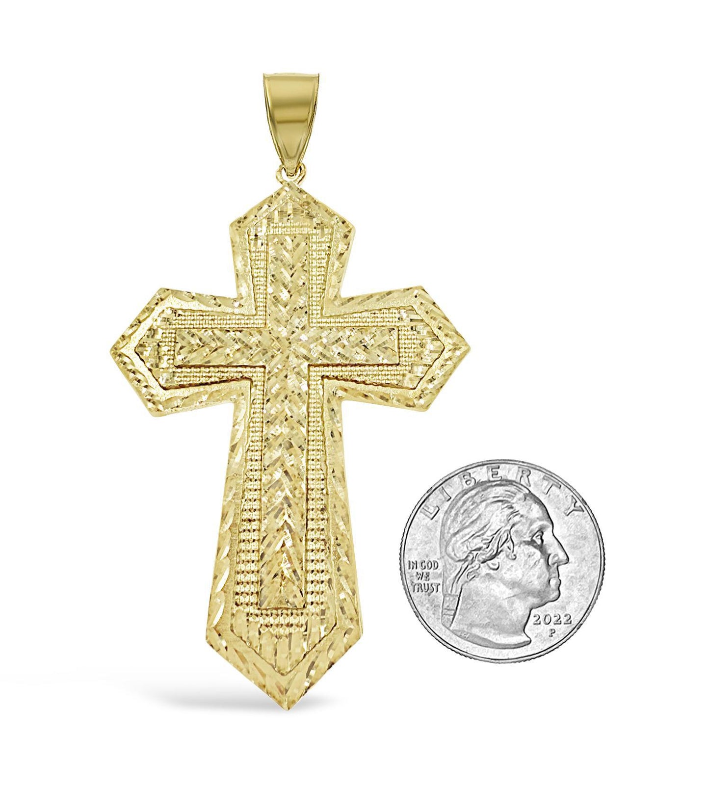 10K Yellow Gold Large Mens Cross Pendant Textured Charm 3.2 Inch