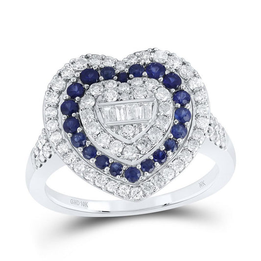 Natural Blue Sapphire & Baguette Diamond Heart Womens Ring 10k White Gold 1 cttw