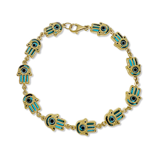 10k Gold Hamsa Blue Bracelet Evil Eye Protection Fatima Hand 7 inch