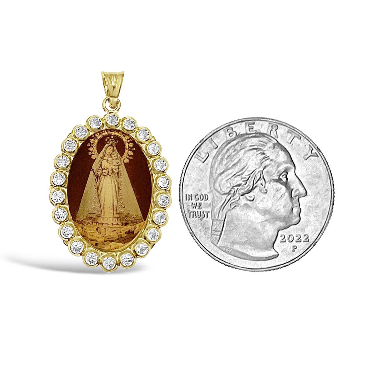 14k Yellow Gold Virgin Mary Baby Jesus Pendant Lady Guadalupe Charm Oval 1.3"