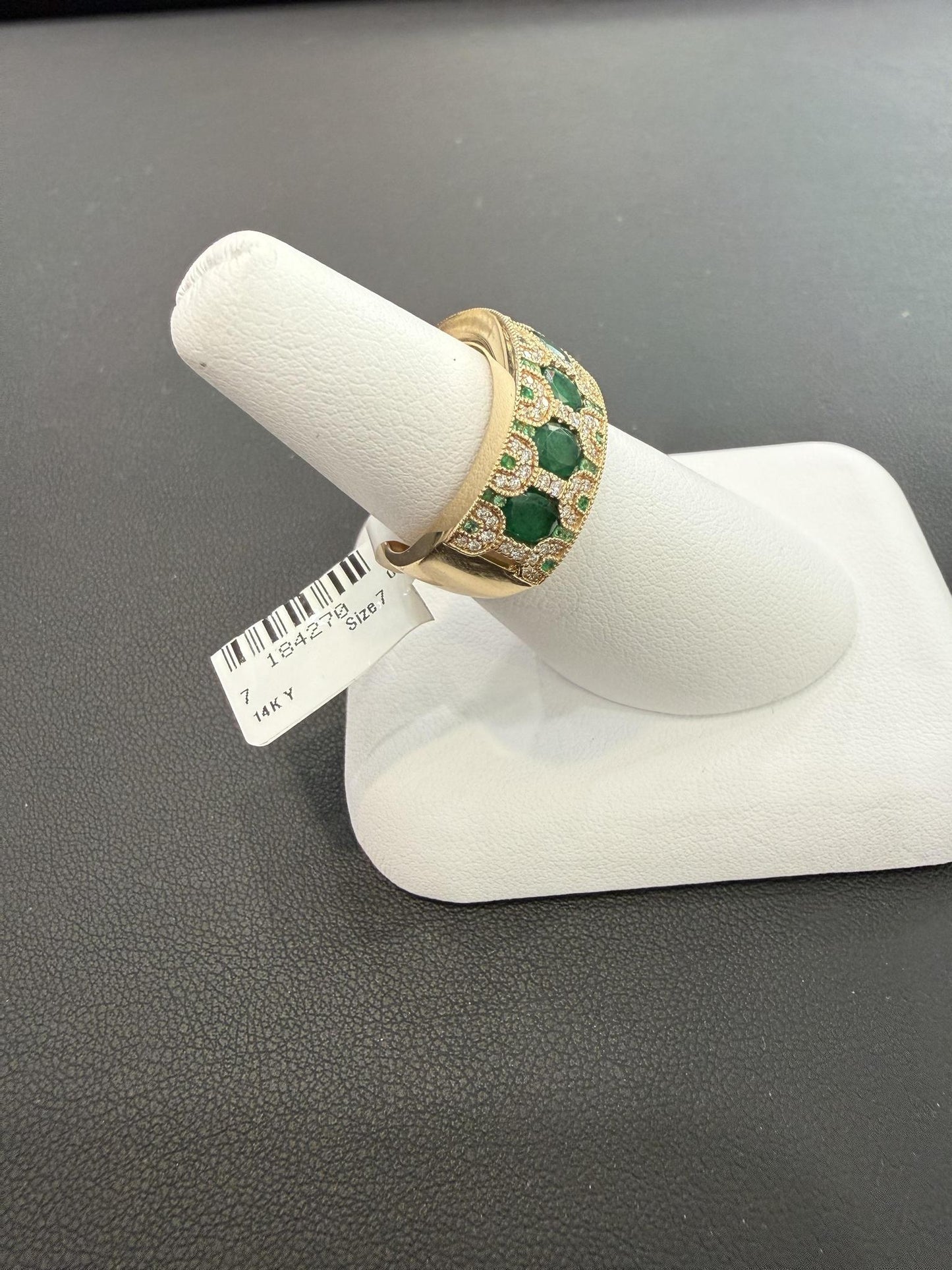 14K Yellow Gold Emerald & Diamond Wide Band Ring
