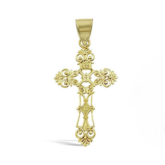 10K Yellow Gold INRI Filigree Cross Pendant Religious Charm 1.3 inch