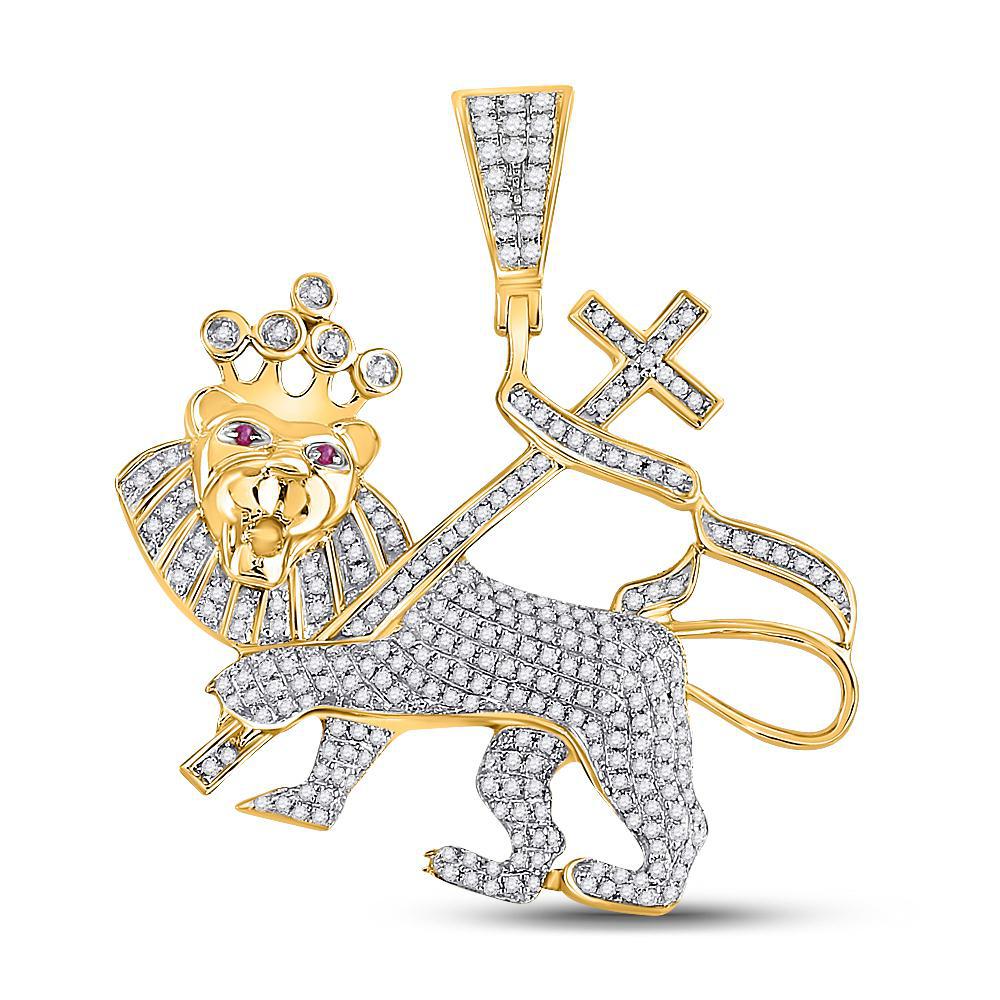 0.87 Cttw Diamond Lion Cross Banner Mens Pendant Charm 10k Yellow Gold