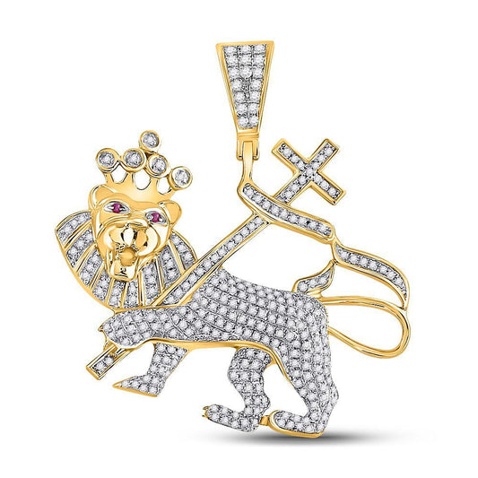 0.87 Cttw Diamond Lion Cross Banner Mens Pendant Charm 10k Yellow Gold