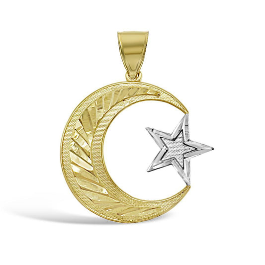 10K Two Tone Gold Crescent Moon Star Pendant
