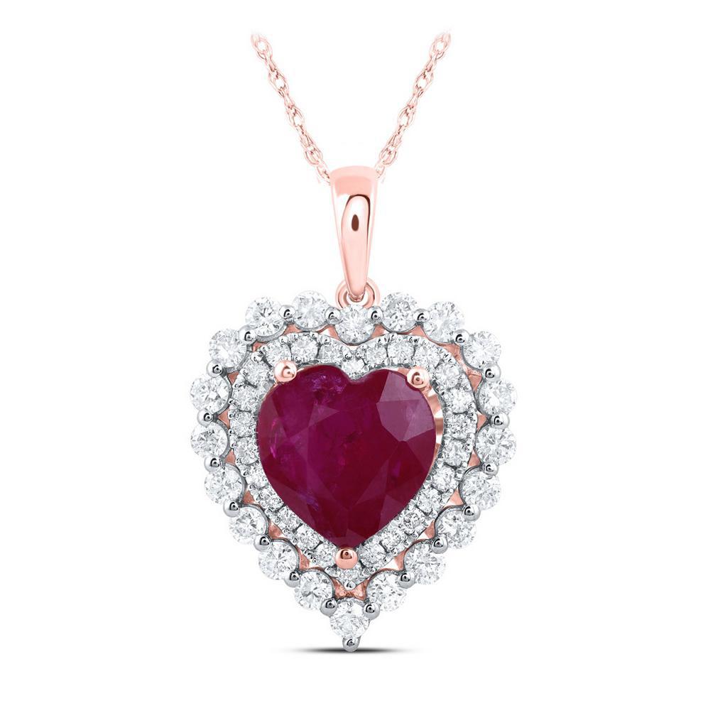 Natural Heart Ruby & Round Diamond Double Halo Pendant Charm 14k Rose Gold